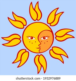 Vector illustration, The sun with double rays on a blue background