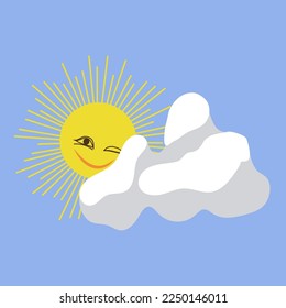 Vector illustration of sun emerging from the cloud.Cartoon.Isolated elements