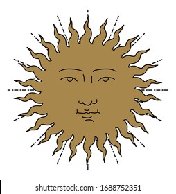 Vector illustration of Sun with face. Hand drawn design for flash tattoo or fashion print.