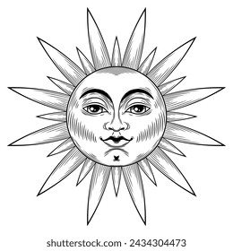 vector illustration of sun with face, vintage style, boho symbol, hand drawn isolated on white background. 