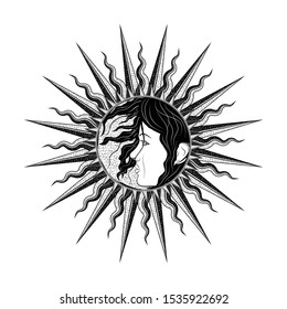 Vector illustration of the sun with a female face. Brunette profile. Northern Valkyrie. Black Nordic tattoo. Black and white graphic style decorative element. Grunge style.