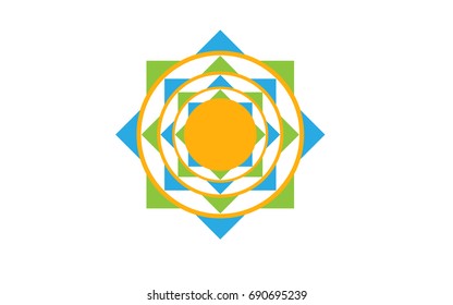 Vector illustration sun from geometric shapes green, blue, orange on white background.
