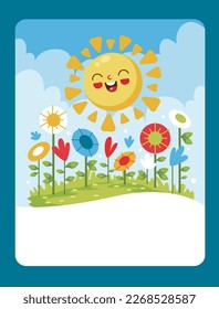 Vector illustration of the sun gives light and warmth to the flowers. It can be used as a playing card, learning material for kids.