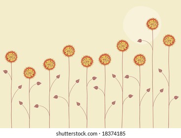 Vector illustration of   the sun is going down over the summer flowers on yellow background