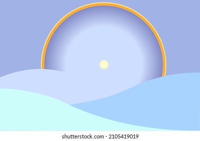 Vector illustration of Sun Halo phenomenon over mountain range, an optical phenomenon produced by light typically from the Sun or Moon interacting with ice crystals suspended in atmosphere.