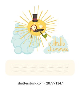 Vector illustration of the sun hipster. The sun with a monocle in a hat with a black moustache Smoking a pipe.