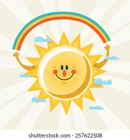 Vector illustration of sun holding a rainbow.