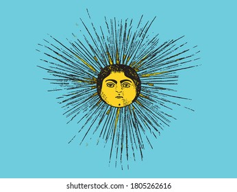 Vector illustration of sun with human face in vintage look.