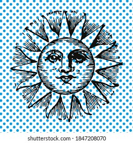 Vector illustration of the sun with a human face on celestial dots background.