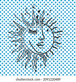 Vector illustration of the sun with a human face on celestial dots background.	