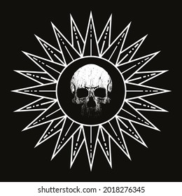 vector illustration of a sun with human skull on black background. Design for t-shirts or posters,