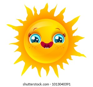 Vector illustration of sun in kawaii style. Vector sun emoji.