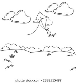 vector illustration of sun, kite and flower. Perfect for coloring book pages.