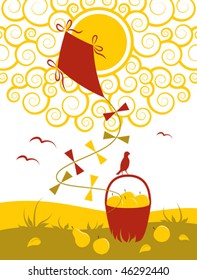 vector illustration of sun, kite and fruit in basket