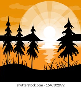 Vector illustration of sun, lake, tree and mountain. Great for banners, billboards, etc.