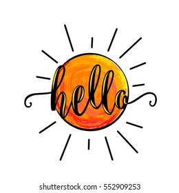 Vector illustration of sun logo for poster template with lettering text sign hello, sunburst, grunge effect
