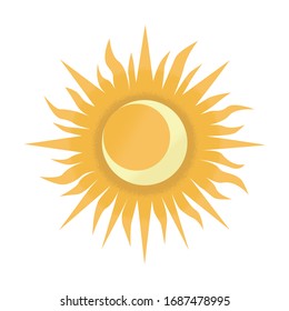 Vector illustration of  sun with long steam and half moon inside in semi flat style. Graphic concept of old medieval symbol. Ancient occult  concept. Сrescent and sol alchemy icon. Vintage, boho sign.