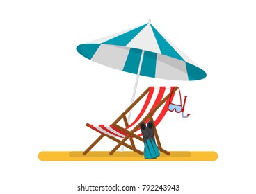 Vector illustration. Sun lounger with a beach umbrella. Fins with a mask and a tube.