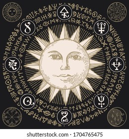 Vector illustration with Sun and magic symbols in retro style on the black background. Hand-drawn banner with esoteric signs and runes written in a circle
