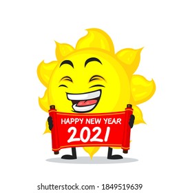 vector illustration of sun mascot or character holding red scroll and say happy new year