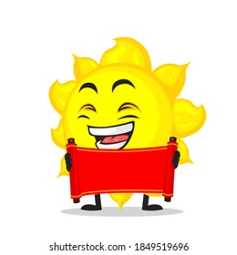 vector illustration of sun mascot or character holding blank red scroll