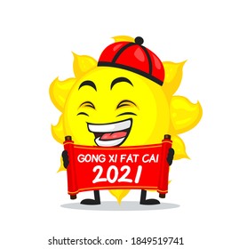 vector illustration of sun mascot or character holding red scroll and says happy chinese new year 2021