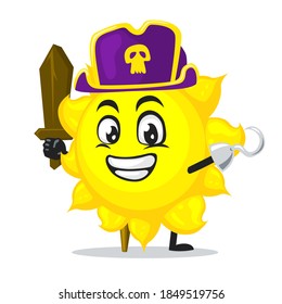 vector illustration of sun mascot or character wearing pirates costume and holding wooden sword