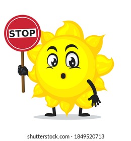vector illustration of sun mascot or character holding sign says stop