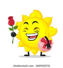 ilustración vectorial de la mascota del sol o del personaje dar flores y aguantar regalo rosa