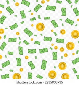 Vector illustration of Sun money. Random pattern of banknotes and coins in green and gold colors on transparent background (PNG). 