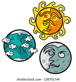 Vector illustration of sun, moon and earth planet