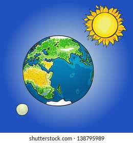 Vector illustration of the sun, moon and earth. Concept image of global market, bright successful future, globalization, ecology, green technology for new generation, saving the planet, space research