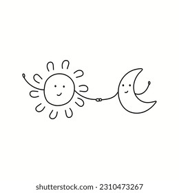 Vector illustration of sun and moon, friendship in doodle style. Isolated on a white background