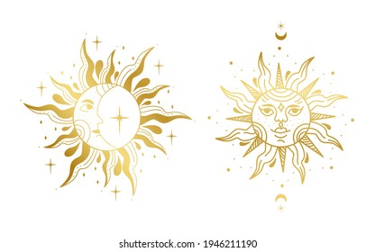 Vector illustration of sun and moon. Graphic design. Golden gradient.