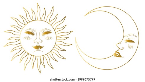 Vector illustration of sun and moon. Graphic design. Golden gradient. Stock graphic illustration with logo element, bohemian magic line art  in simple style for branding