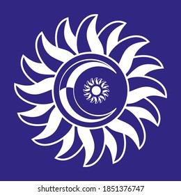 Vector illustration of a sun with a moon isolated on blue. Solar symbol for t-shirt.