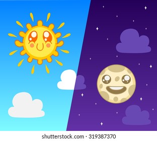 Vector illustration of a sun and moon. Kawaii