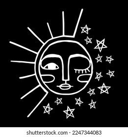 Ilustración vectorial del sol y la luna, dibujo en línea, ideal para pegatinas, imprenta, ropa, vinilos, tapices, carteles, tarjetas, etc.