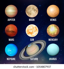 Vector illustration of the Sun, Moon and planets: Mercury, Venus, Mars, Jupiter, Saturn, Uranus, Neptune.