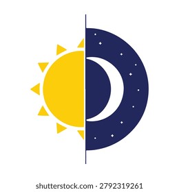 Vector illustration of sun and moon symbol, day and night, contrasting halves, celestial balance