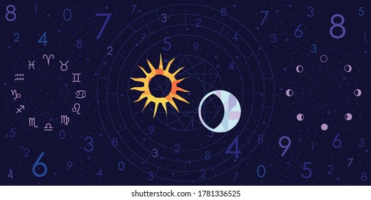 vector illustration of sun and moon zodiac for horoscope and astrology blue background visuals