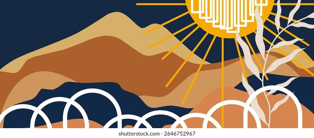 Ilustración vectorial del sol y las montañas en un estilo minimalista. Antecedentes Abstractas.