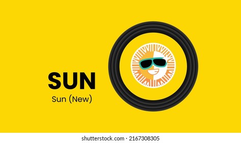 Vector illustration of SUN (NEW), SUN crypto currency logo on yellow background with copy space. SUN (NEW), SUN cryptocurrency token logo or symbol banner.