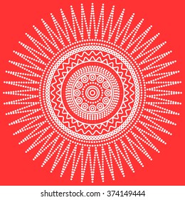 Vector illustration of sun on a bright background, Circular ethnic stylized ornament. Graphic white symbol. Boho chic summer pattern.
yoga, mandala.tribal