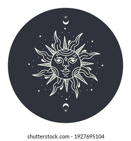 Vector illustration of sun on a circle black background.