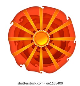 Vector illustration of sun on orange circle background. Paper art cut style. Bright orange color for summer paper craft. Good weather idea. Layered effect