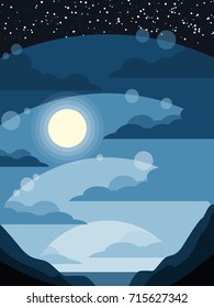 Vector illustration of sun over the sea between rock mountain on blue sky, cloud, stratum and space with star. Seascape. Nature landscape background.