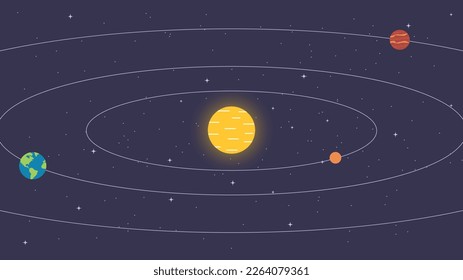 Vektorgrafik der Sonne mit Planeten, die den Orbit und den Sternenhimmel begraben - Sonnensystem und Planetensystem mit Orbits in Space - Umlaufplaneten und Sterne-Vektorgrafik für Stockfotos