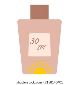 Vector illustration of sun protection body lotion with 30 spf. beige-brown tan tones, with yellow sun