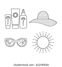 Vector illustration, sun protection icons. Icon of a hat, sunglasses, the sun and sunscreen cosmetics in a line style.